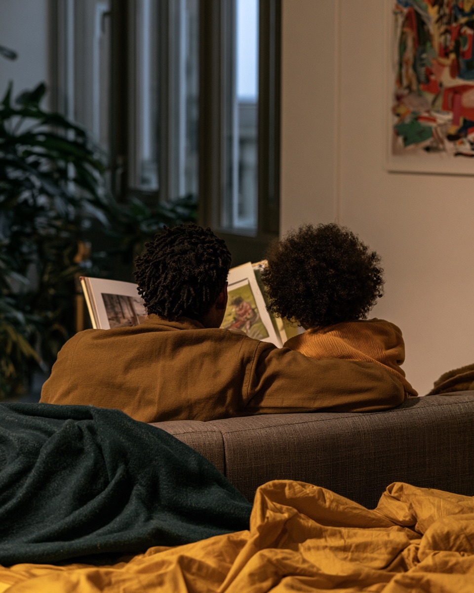 Volwassene en kind lezen samen een boek op de bank